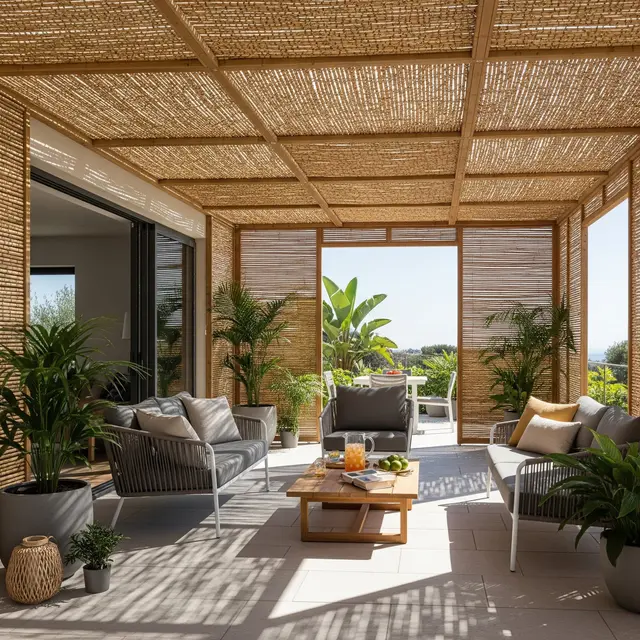 Teras rumah dengan kanopi anyaman bambu (Image by Gemini AI)
