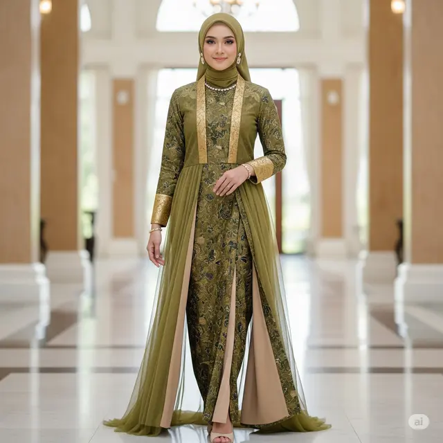 Kombinasi Batik-Brokat dengan Slit Berlapis Tulle