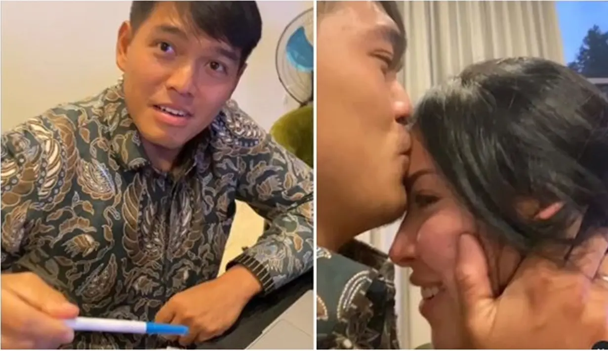 Setelah ia menyadari test pack-nya bergaris dua, Estelle pun langsung memberikan test pack itu kepada sang suami, Pang Xue Kai. Sontak, pria asal Singapura itu pun bahagia bukan kepalang. Ia langsung memeluk dan mencium kening istrinya. Momen itu pun membawa kebahagiaan bagi pasangan tersebut. (Liputan6.com/IG/@estelleelinden)
