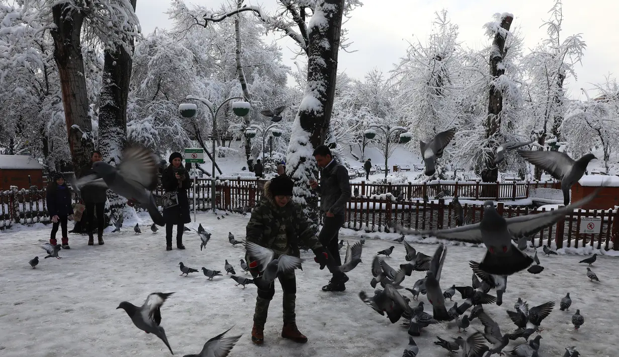 Anak-anak mengejar merpati di salju ketika mereka bermain di sebuah taman di Ankara, Turki (26/12). (AFP Photo/Adem Altan)