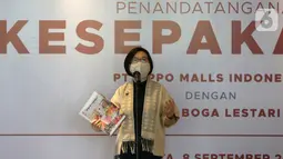 CEO PT Supra Boga Lestari Tbk Meshvara memberi sambutan pada penandatanganan kesepakatan Lippo Malls dan PT Supra Boga Lestari (RANC) di Jakarta, Selasa (8/9/2020). Pada kuartal IV tahun 2020, RANC beroperasi di Senayan Park dan tahun 2021 di 3 mall. (Liputan6.com/Fery Pradolo)