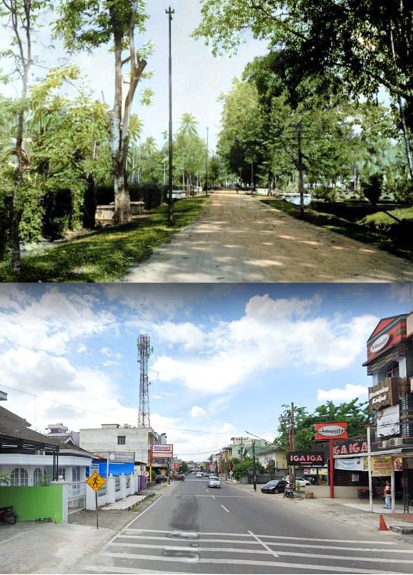 De Englebrechtweg te Bindjai, ca 1930 (atas), (bawah) Jalan Sultan Hasanuddin, Binjai, Sumatera Utara (Facebook/@Bintoro Hoepoedio Tempo Doeloe)