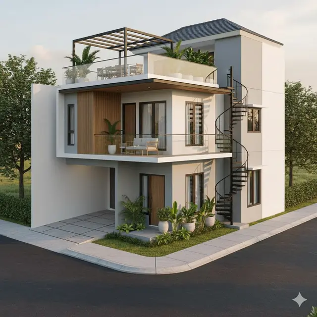 Rumah Pojok dengan Rooftop dan Balkon