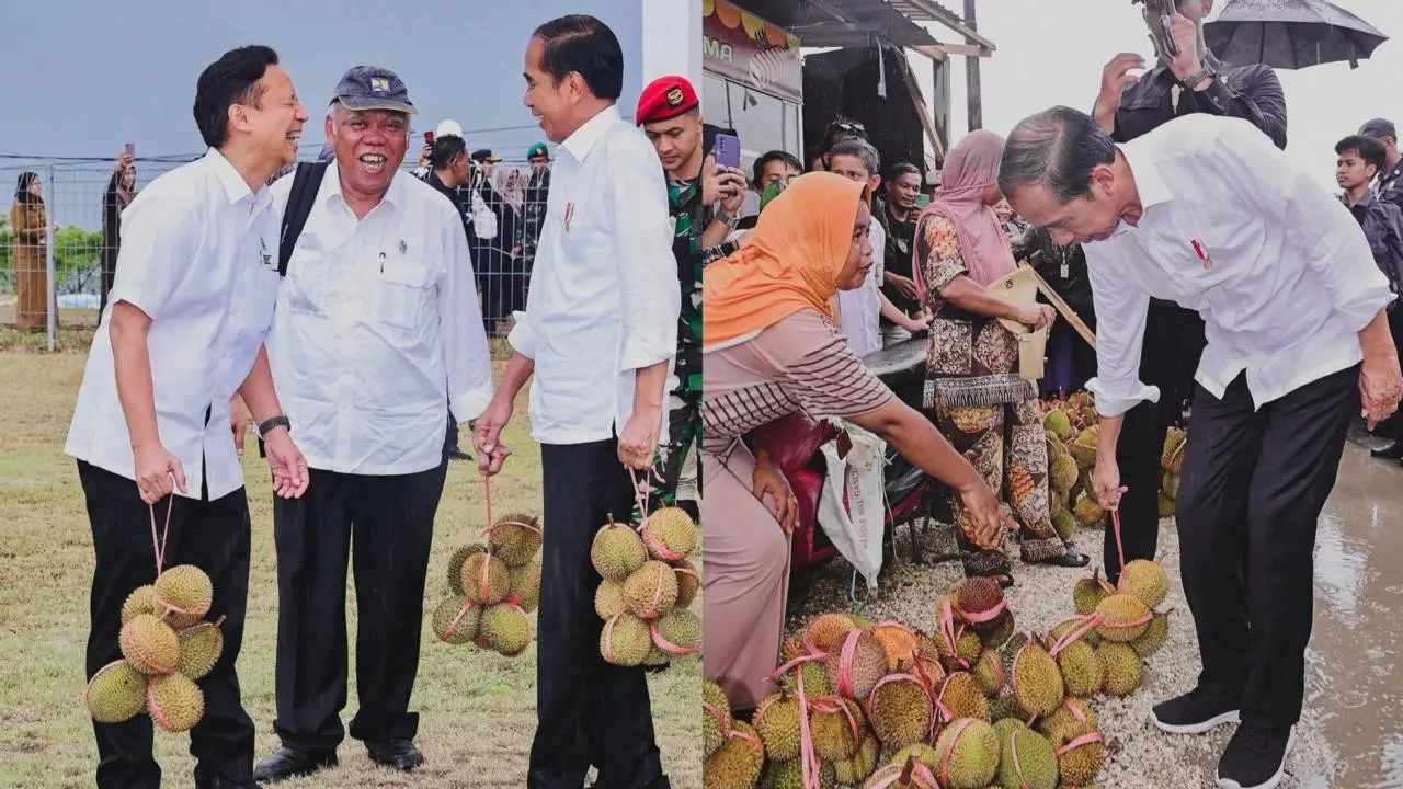Presiden Jokowi dan para menterinya menenteng durian khas Bangai, Sulawesi Tengah