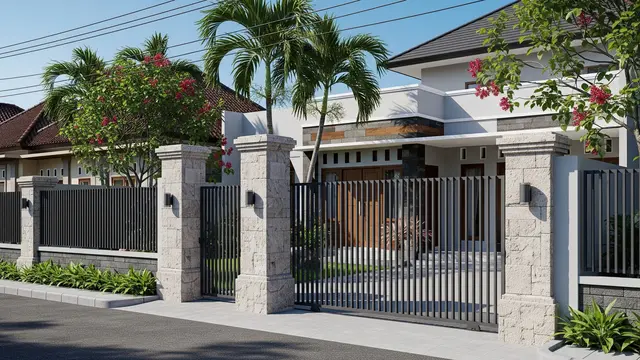 Desain Pagar Anti Panjat yang Tetap Elegan Tanpa Terlihat Seperti Benteng Model Kombinasi Batu dan Besi Vertikal