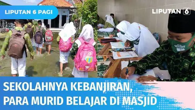 Puluhan siswa di Lamongan, Jawa Timur, terpaksa belajar di sebuah masjid akibat sekolahnya terendam banjir. Kondisi ini sudah dirasakan oleh para siswa selama 2 bulan lamanya.