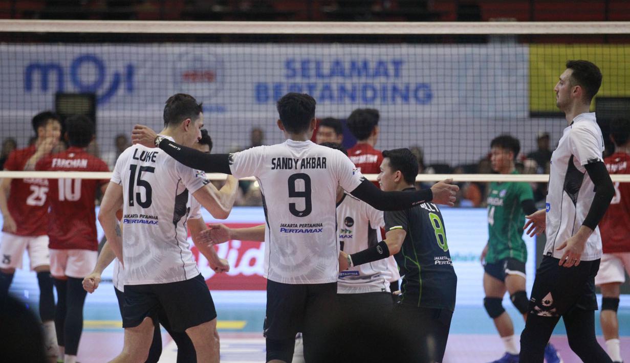 <p>Selebrasi para pemain Jakarta Pertamina Pertamax setelah mencetak angka saat menghadapi Jakarta Garuda Jaya pada laga pekan pertama putaran I PLN Mobile Proliga 2024 di GOR Amongrogo, Yogyakarta, Sabtu (27/4/2024). Jakarta Pertamina Pertamax menang 3-0 (25-16, 25-23, 25-15). (Dok. PBVSI)</p>