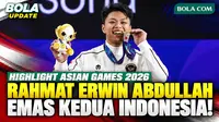 Highlight perjuangan Rahmat Erwin Abdullah meraih medali emas untuk Indonesia di nomor 75 kg putra angkat besi Asian Games Aichi-Nagoya 2026. Rahmat Erwin mencatat total angkatan 366 kg sekaligus mempersembahkan emas kedua Indonesia di ajang ini.
