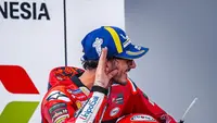 Pecco Bagnaia meraih podium pertama pada MotoGP Indonesia di Sirkuit Mandalika, Minggu (15/10/2023) sore WIB. (Dok. Twitter/Bagnaia)