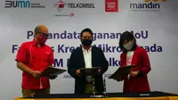 Bank Mandiri bersinergi dengan Telkomsel dan LinkAja dalam menyalurkan fasilitas kredit mikro bagi mitra Telkomsel melalui Digipos. (Dok Bank Mandiri)