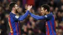 Trio MSN yang beranggotakan Lionel Messi, Luis Suarez dan Neymar sukses mengukir catatan fantastis yaitu menorehkan 364 gol selama bersama di Barcelona. (AFP/Lluis Gene)