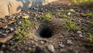 Ilustrasi Lubang atau Celah Kecil yang Mencurigakan sebagai Tanda Ada Sarang Anakan Ular di Halaman Rumah. Foto: Gemini