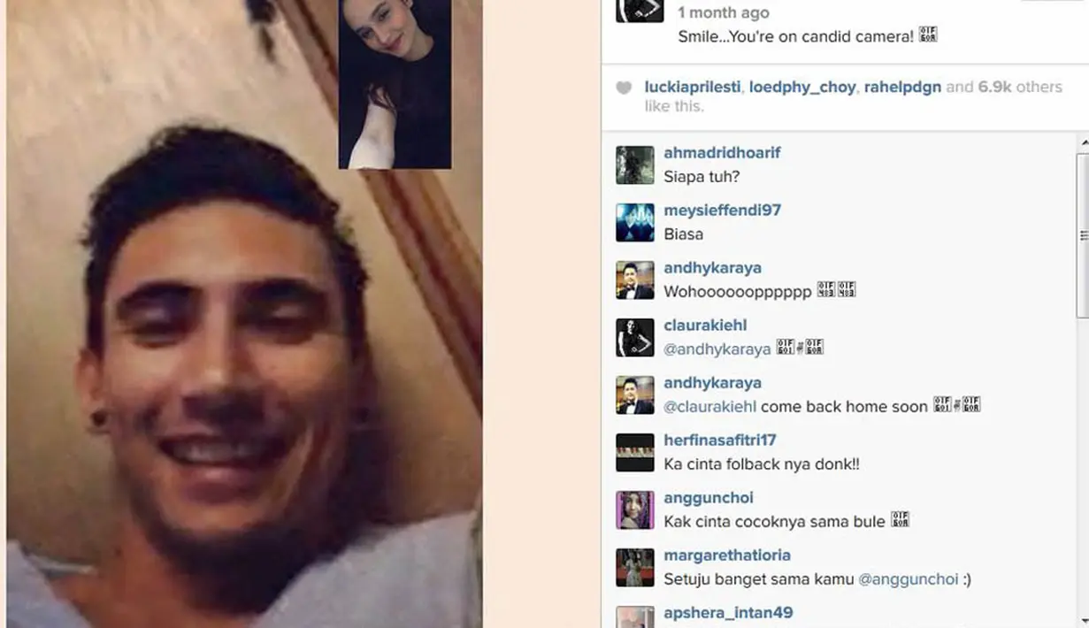 Pada 24 November 2014, Cinta Laura mengunggah foto Vincent saat sedang video call dengan tulisan "Smile...You're on candid camera! 😊". (instagram.com/claurakiehl)