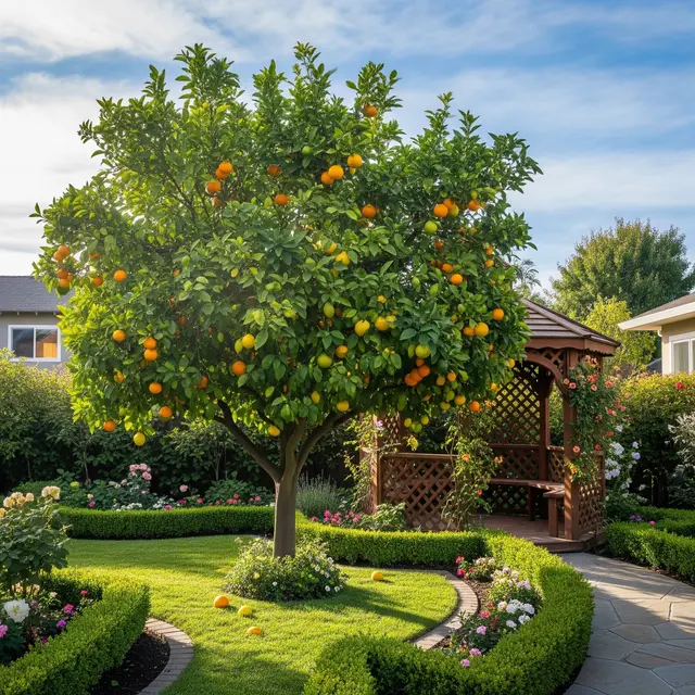 Pohon Buah Berakar Aman Dekat Gazebo (AI)