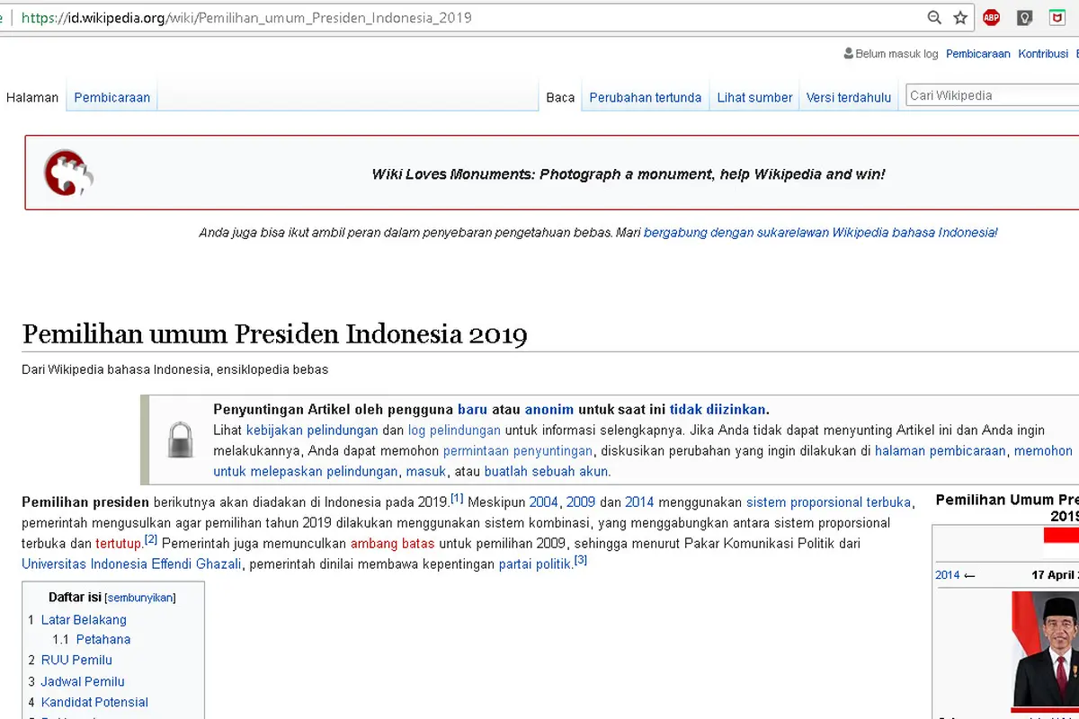 Laman pemilihan presiden Indonesia 2019 di Wikipedia bahasa Indonesia