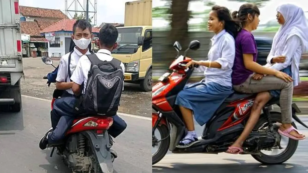 6 Potret Nyeleneh Anak Sekolah Naik Motor Bonceng Tiga, Posisinya Absurd