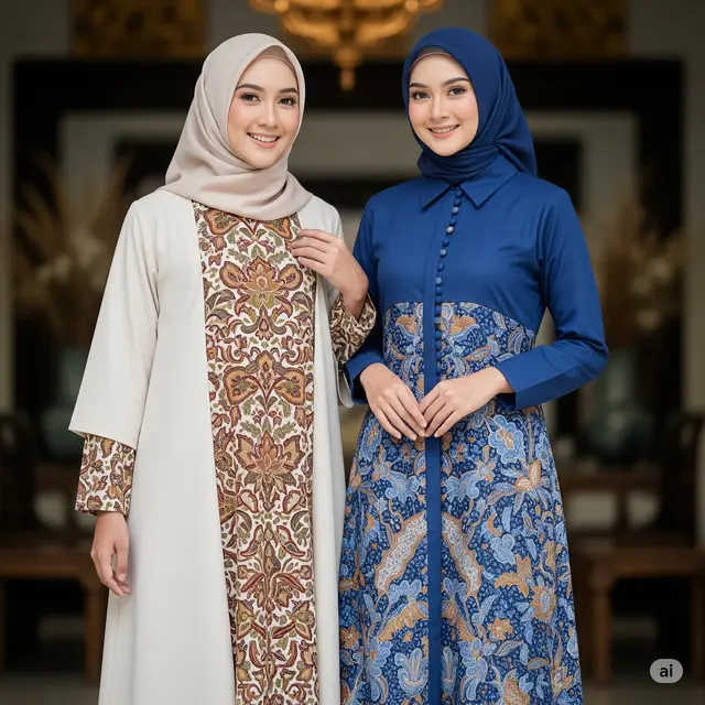 Inspirasi Elegan Dress Panjang Batik Kombinasi Polos Muslim untuk Pesta. Foto: Gemini