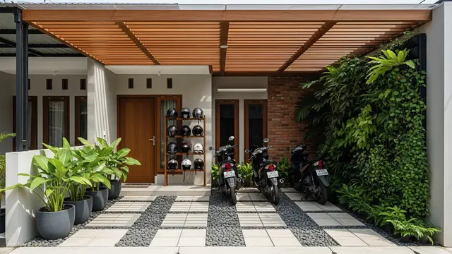 Model Teras Rumah Modern dengan Rak Helm & Parkir Motor Tertata/ Ilustrasi AI