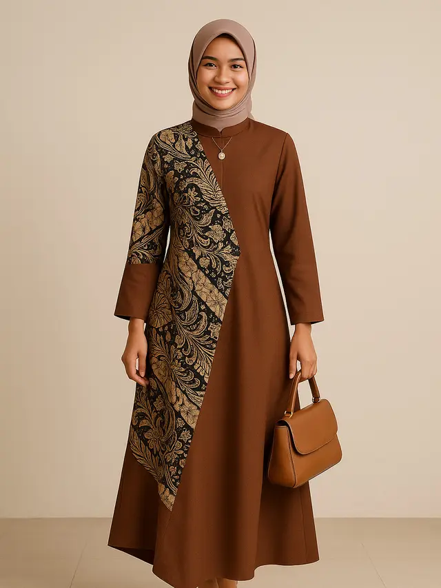Model Gamis Batik Kombinasi Polos Kerah Shanghai 2025/ Ilustrasi gambar oleh AI