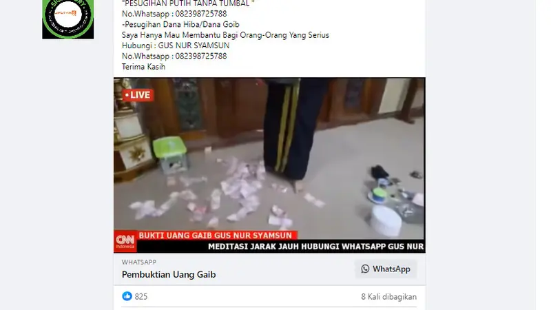 Tangkapan layar informasi video pemberitaan CNN Indonesia tentang keberhasilan pesugihan uang gaib