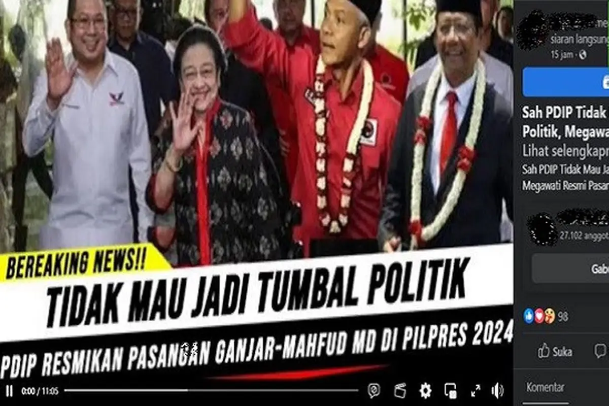 Video yang diklaim Megawati Soekarnoputri resmi menduetkan bakal capres PDIP Ganjar Pranowo dengan Menko Polhukam Mahfud MD sebagai pasangan bakal capres-cawapres pada Pilpres 2024. (sumber: Facebook)