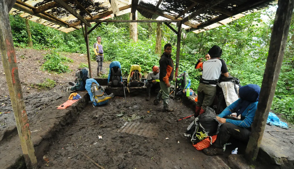 Ada tiga pos dan tiga shelter yang bisa digunakan pendaki untuk melepas lelah sebelum menggapai puncak Gunung Kerinci. Tampak beberapa pendaki beristirahat di salah satu pos pendakian Gunung Kerinci pada 14 Mei 2015. (Liputan6.com/Helmi Fithriansyah)