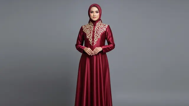 Gamis Silk Bordir dengan Kerah Shanghai
