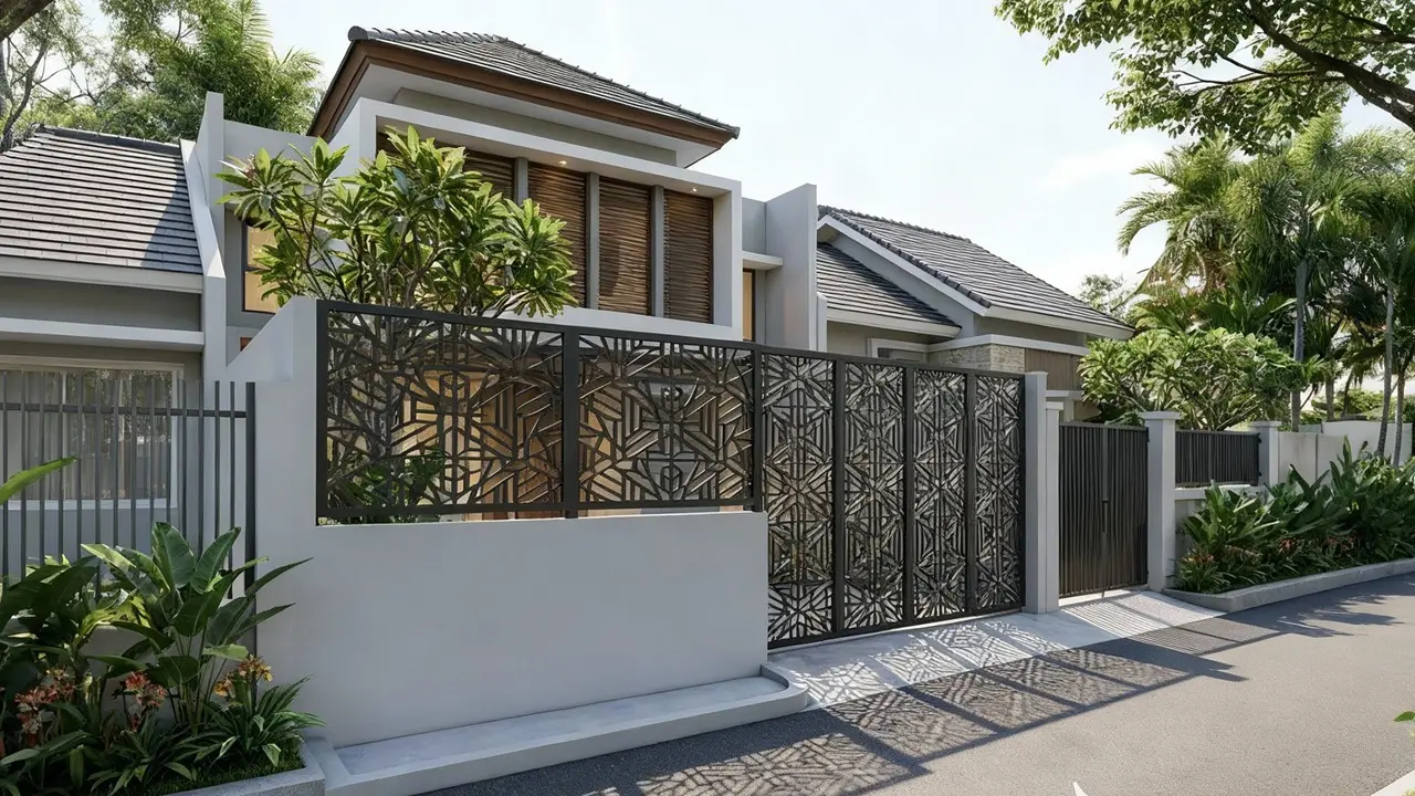 Model Pagar Rumah dengan Kombinasi Tembok Rendah dan Besi Tipis