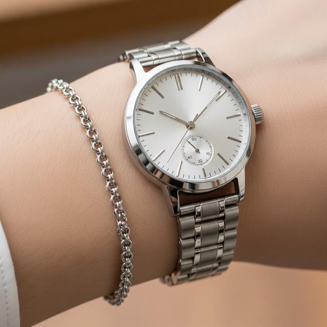 2. Gelang Rantai Perak Tebal dengan Jam Tangan Stainless Steel