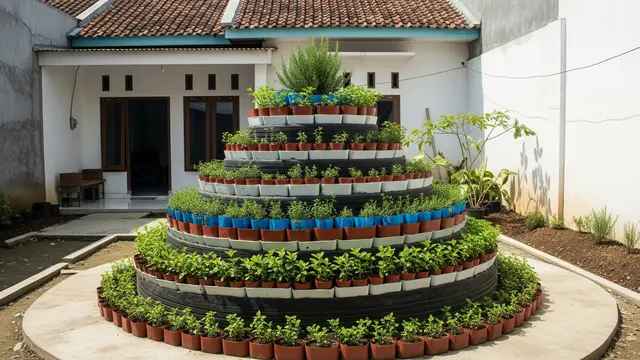 Desain Kebun Rumah Unik dari Ban Bekas untuk Halaman Kecil Model Kebun Spiral Ban