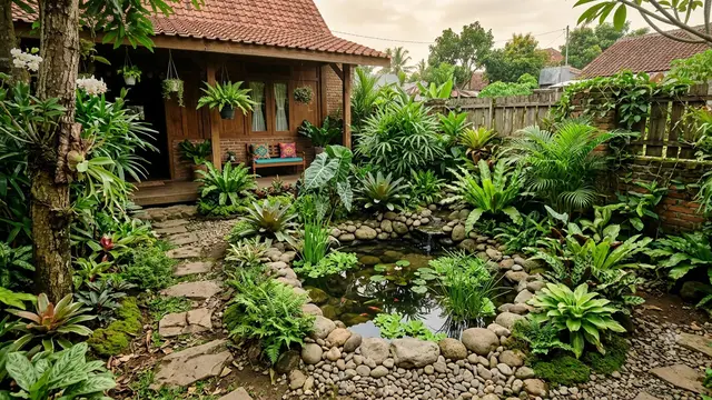 Inspirasi Taman Rumah dengan Nuansa Hutan Tropis sebagai Solusi Halaman Asri dan Estetik Model Menghadirkan Kolam Kecil