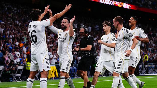 Momen selebrasi para pemain Real Madrid gol Gonzalo Garcia dalam laga Liga Spanyol antara Real Madrid vs Athletic di Santiago Bernabeu, 24 Mei 2026. (AP Photo/Manu Fernandez)