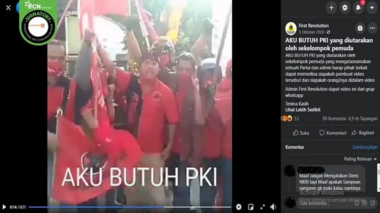 Gambar Tangkapan Layar Video yang Diklaim Sekelompok Pemuda Berseragam PDIP Berteriak "Aku butuh PKI" (sumber: Facebook)