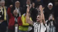 Pemain Juventus Federico Gatti melakukan selebrasi usai mencetak gol ke gawang Sporting CP pada pertandingan leg pertama perempat final Liga Europa di Stadion Juventus, Turin, Italia, Kamis (13/4/2023). Juventus menang 1-0. (Fabio Ferrari/LaPresse via AP)