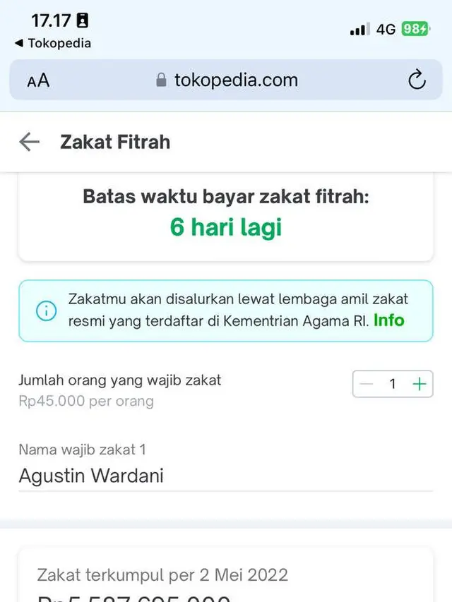 Cara membayar zakat fitrah melalui Tokopedia