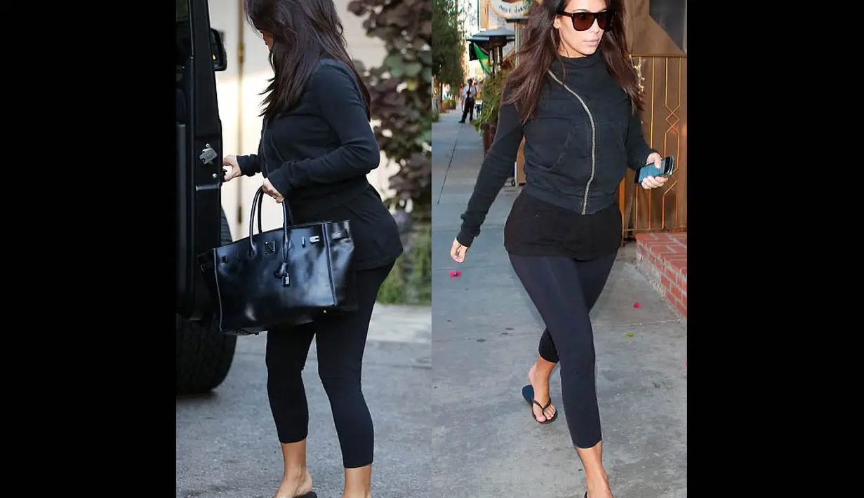 Kim Kardashian tampil santai dengan baju serba hitam dan celana legging mengunjungi sebuah klinik kecantikan, Amerika Serikat, (18/9/14). (Dailymail)