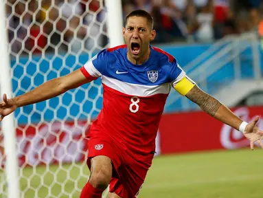 Selebrasi Clint Dempsey (AS) usai mencetak gol cepat ke gawang Ghana di babak penyisihan Piala Dunia 2014 Grup G, Brasil, (17/6/2014). (REUTERS/Toru Hanai)