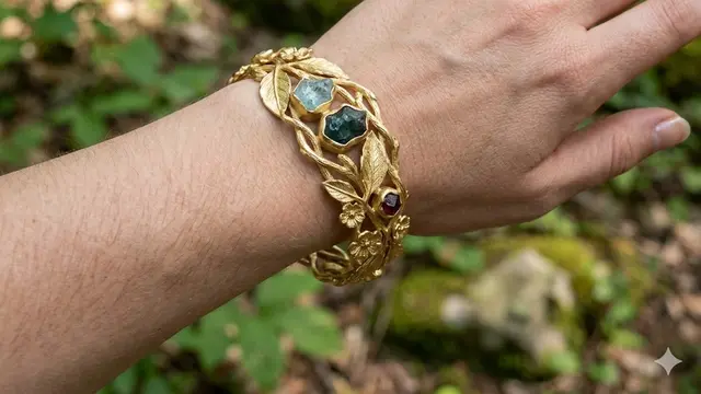 Gelang Emas Motif Alam dengan Kombinasi Batu Organik
