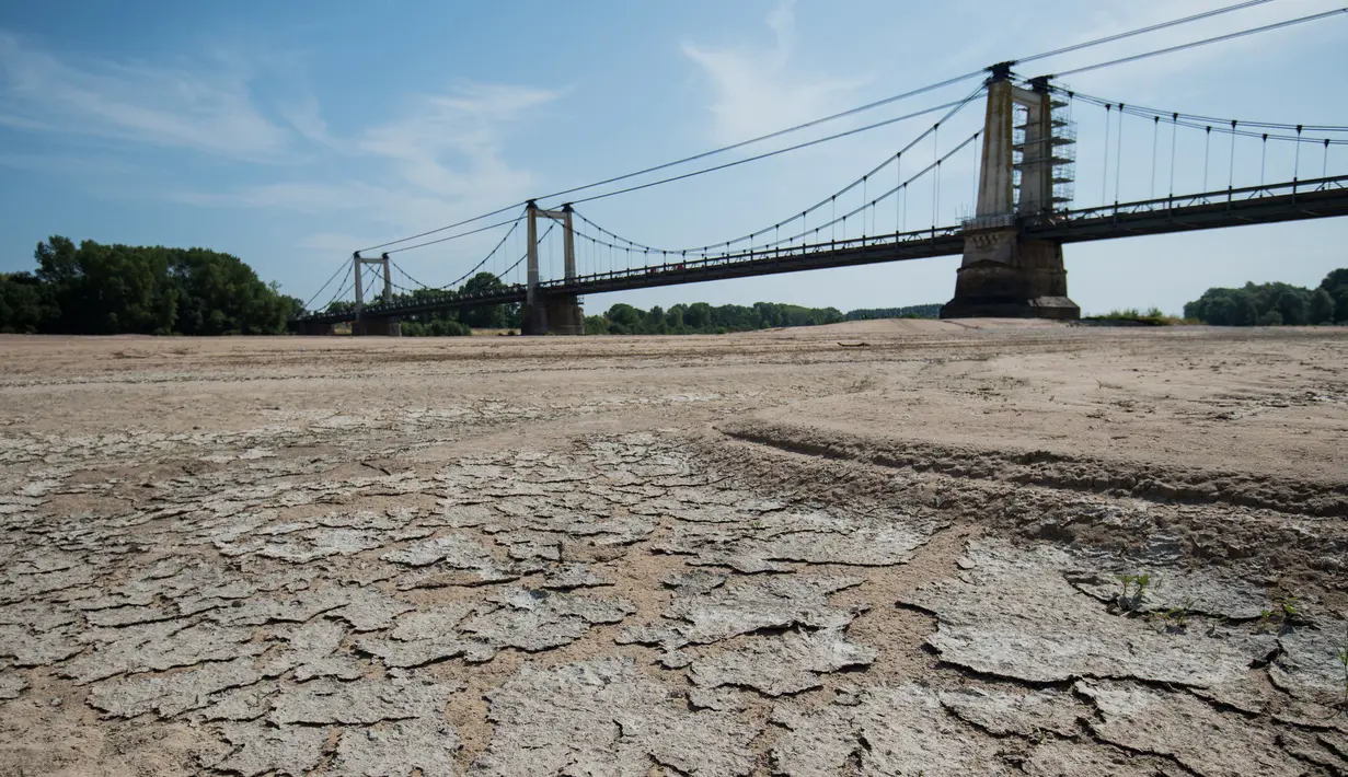 Suasana Sungai Loire di Montjean-sur-Loire yang kekeringan di Prancis barat (24/7/2019). Gelombang panas tengah melanda sebagian besar Eropa termasuk Prancis yang akan mencetak rekor suhu terbaru di beberapa negara. (AFP Photo/Loic Venance)