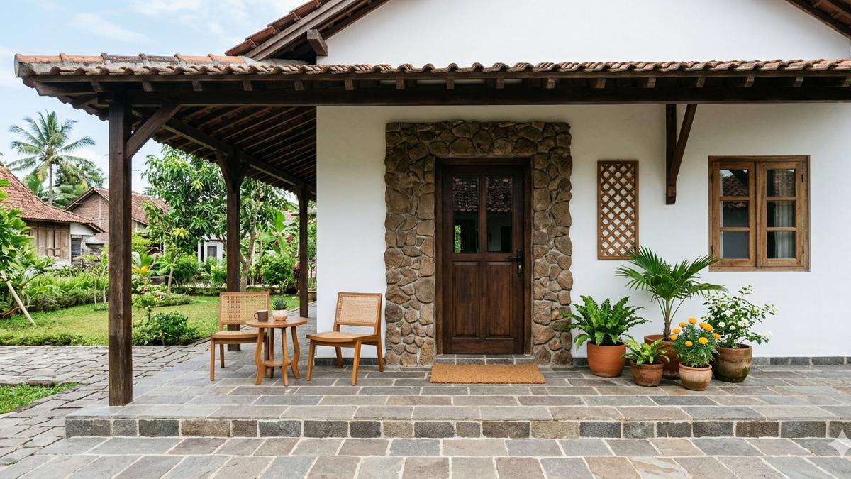 9 Inspirasi Teras Rumah Desa dengan Batu Alam yang Awet Bertahun-tahun