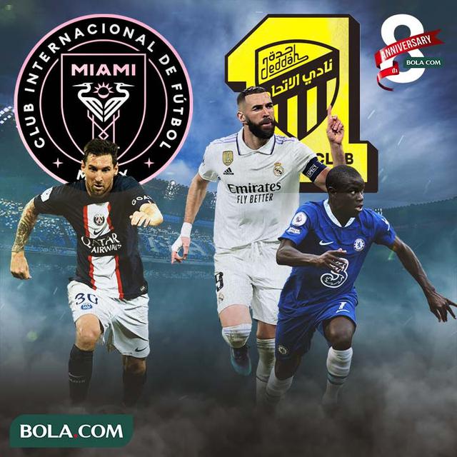 Ilustrasi - Lionel Messi dan Logo Inter Miami, Karim Benzema dan N'Golo Kante Logo Al-Ittihad