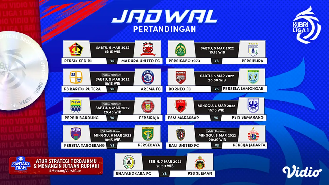 Link Live Streaming BRI Liga 1 2021/2022 Pekan ke-29 di Vidio, 5-7 Maret 2022