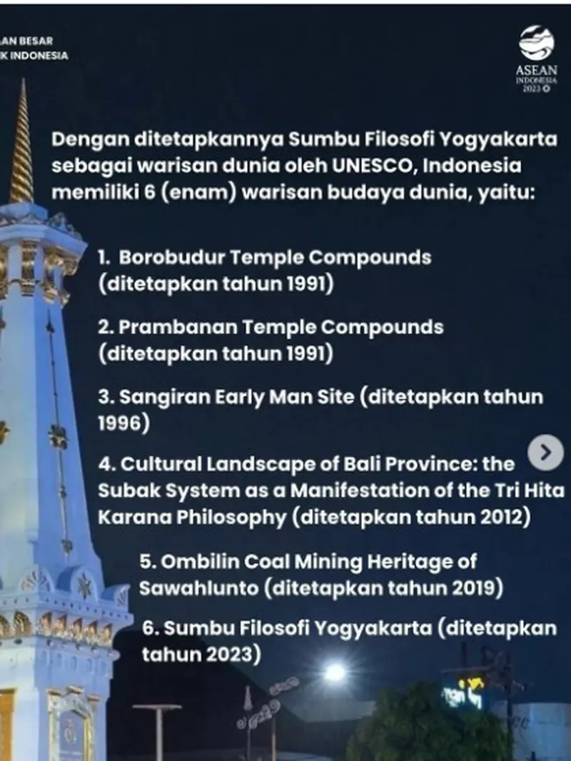 UNESCO tetapkan Sumbu Filosofi Yogyakarta sebagai World Cultural Heritage (WCH) atau Warisan Budaya Dunia. Kini Indonesia punya enam. (Dok KBRI Riyadh Instagram)