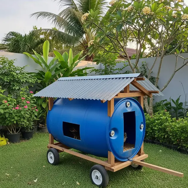 Model Kandang Ayam Mini dari Tong Bekas yang Mudah Dipindahkan