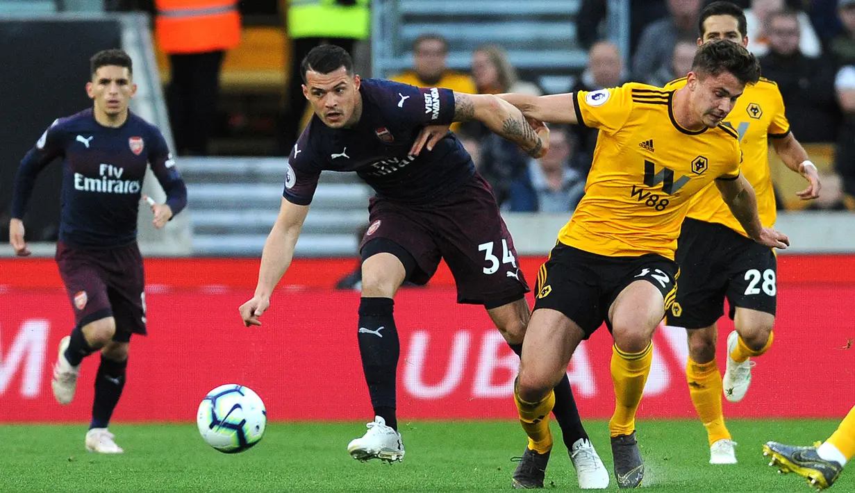 Gelandang Arsenal, Granit Xhaka berebut bola dengan pemain Wolverhampton Wanderers, Leander Dendoncker pada laga lanjutan Liga Inggris 2018-2019 di Stadion Molineux, Rabu (24/4). Arsenal harus tumbang dengan skor 1-3 kala bertandang ke markas Wolverhampton Wanderers. (AP Photo/Rui Vieira)