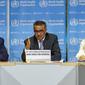 Tedros Adhanom Ghebreyesus (tengah), direktur jenderal Organisasi Kesehatan Dunia, berbicara pada konferensi pers tentang pembaruan COVID-19, di kantor pusat WHO di Jenewa, Swiss.(Salvatore Di Nolfi/Keystone via AP)