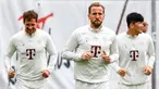 (Kiri ke kanan) Pemain Bayern Munchen #08 Leon Goretzka, #09 Harry Kane dan #03 Kim Min-Jae menghadiri sesi Latihan menjelang leg kedua semifinal Liga Champions 2023/2024 di tempat latihan Saebener Strasse di Munich, Selasa (7/5/2024). (ALEXANDRA BEIER / AFP)
