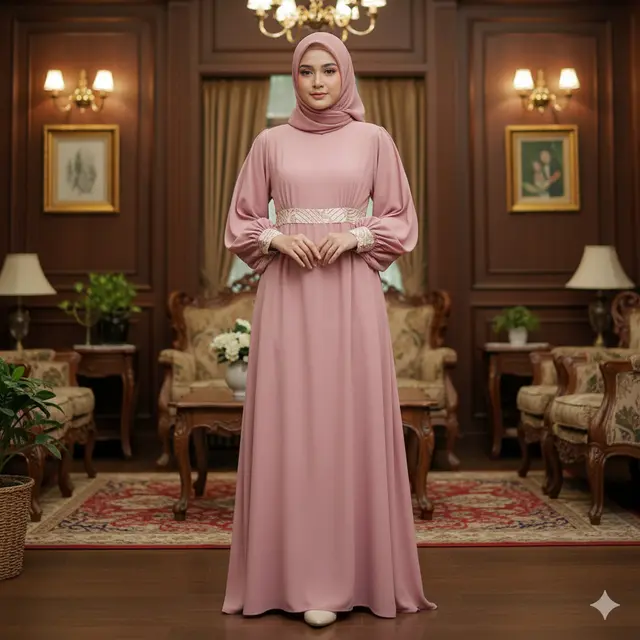 Gamis Batik Lengan Balon  Dusty Pink