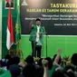 Ketua Umum PP GP Ansor Yaqut Choil Qoumas memberikan sambutan di acara Tasyakuran Harlah ke-83 Gerakan Pemuda Ansor, Jakarta, Jumat (5/5). Dalam tasyakuran ini, GP Ansor meluncurkan Ansor Mart dan Lembaga Wakaf Ansor. (Liputan6.com/JohanTallo)
