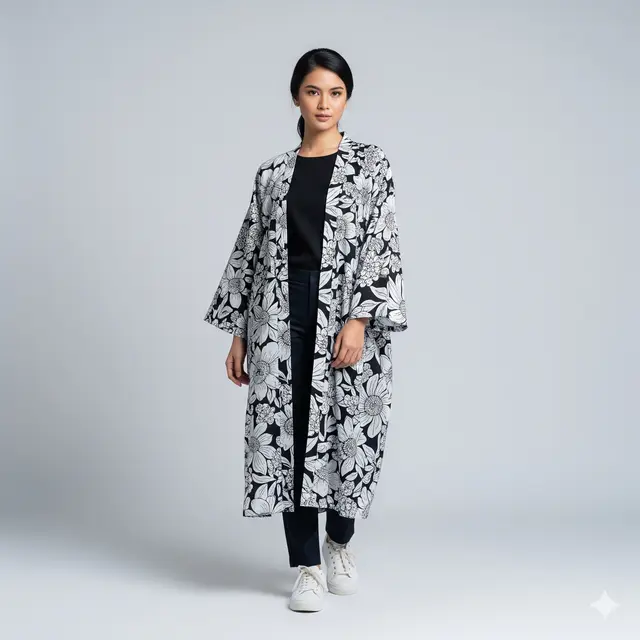 Model Outer Panjang Model Kimono dengan Motif Floral yang Memukau. Gemini
